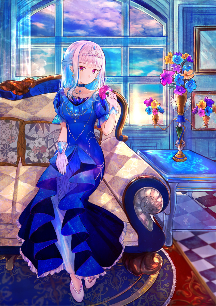 1girl absurdres bangs blue_dress blue_flower blunt_bangs checkered checkered_floor choker closed_mouth collarbone couch diadem dress eyebrows_visible_through_hair flower full_body highres holding holding_flower huge_filesize indoors lize_helesta long_dress long_hair nijisanji pumps red_eyes red_flower ruopuyuan-ry short_sleeves silver_hair sitting solo white_footwear yellow_flower