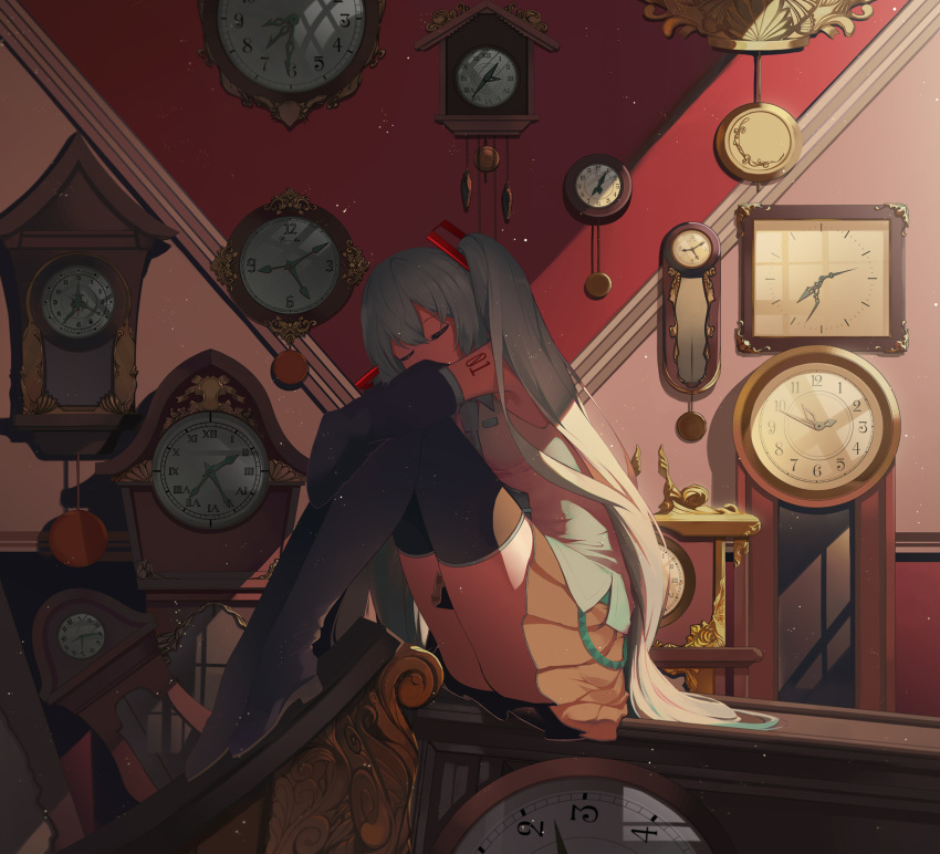 1girl analog_clock aqua_eyes aqua_hair aqua_neckwear bare_shoulders black_legwear black_skirt black_sleeves boots chinese_commentary clock closed_eyes commentary detached_sleeves full_body grandfather_clock grey_shirt hair_ornament hatsune_miku highres indoors knees_up long_hair necktie pendulum pendulum_clock room shirt shoulder_tattoo sidelighting sitting skirt sleeping sleeveless sleeveless_shirt solo tattoo thigh-highs thigh_boots twintails very_long_hair vocaloid wall_clock yaoku