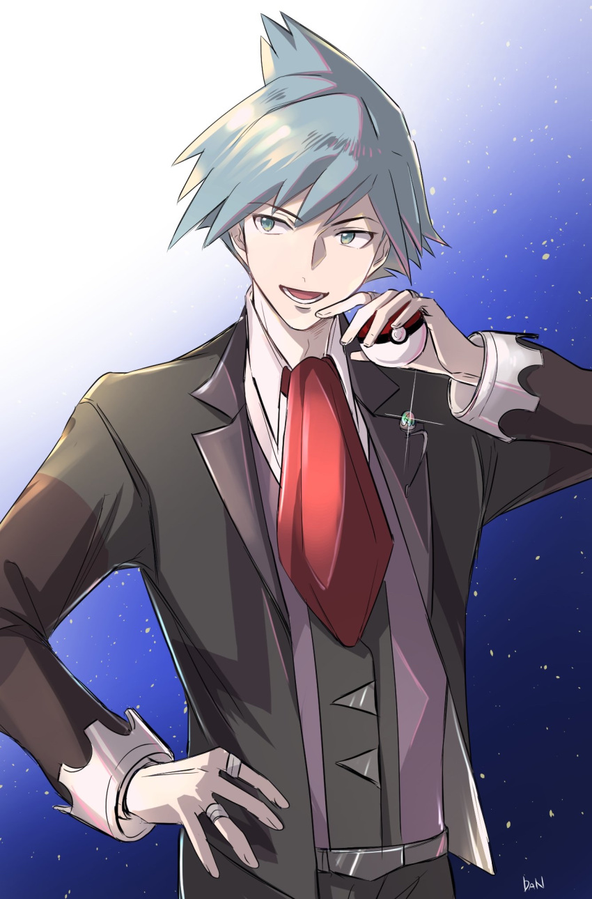 1boy :d black_jacket blue_background gradient gradient_background green_eyes hand_on_hip highres hizukiki holding holding_poke_ball jacket jewelry long_sleeves male_focus open_clothes open_jacket open_mouth poke_ball pokemon pokemon_(game) pokemon_rse red_neckwear ring shiny shiny_hair silver_hair smile solo spiky_hair tsuwabuki_daigo white_background
