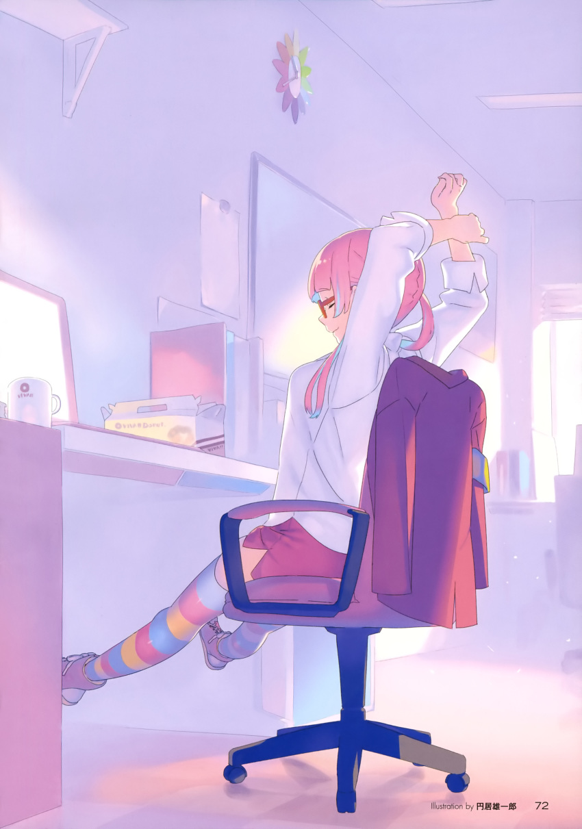 1girl absurdres artist_name book chair clock closed_eyes closed_mouth computer cup from_side glasses hands_up highres jacket jacket_removed laptop long_sleeves miniskirt mug multicolored multicolored_clothes multicolored_legwear nagisa_kurousagi office_chair page_number pastry_box pencil_skirt pink_hair red-framed_eyewear red_jacket red_skirt rokusaki_coney shirt short_hair sitting skirt smile solo stretch striped striped_legwear thigh-highs tokyo_7th_sisters twintails wall_clock white_shirt whiteboard
