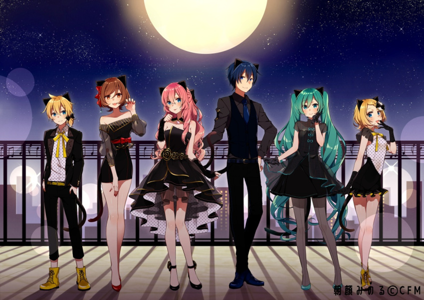 2boys 4girls animal_ears aqua_eyes aqua_hair asagao_minoru backlighting black_dress black_jacket black_pants black_shirt black_skirt black_vest blonde_hair blue_eyes blue_hair blue_neckwear brown_eyes brown_hair cat_ears cityscape claw_pose commentary detached_collar dress everyone formal full_moon hand_on_hip hand_on_own_cheek hand_up hands_in_pockets hatsune_miku jacket kagamine_len kagamine_rin kaito long_hair looking_at_viewer megurine_luka meiko moon multiple_boys multiple_girls neck_ribbon necktie night night_sky open_mouth outdoors pants pantyhose pink_hair railing ribbon shadow shirt short_hair short_sleeves skirt skirt_hold sky slippers smile spots standing star_(sky) starry_sky strapless strapless_dress suit twintails very_long_hair vest vocaloid white_shirt wide_shot yellow_neckwear