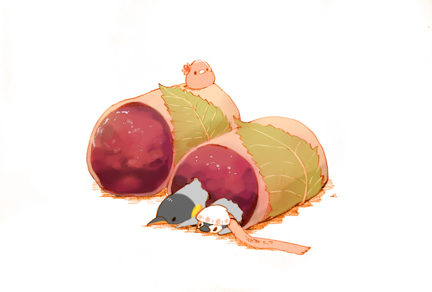 3others artist_name bird chai commentary_request food highres lying multiple_others no_humans on_stomach original penguin sakura_mochi scarf simple_background sitting_on_food wagashi white_background