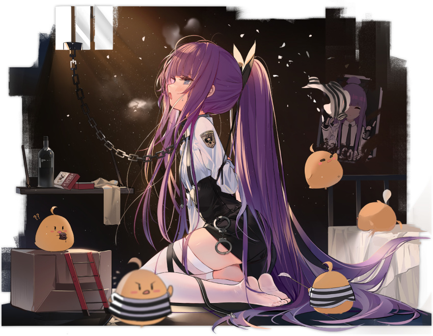 1girl alcohol arm_behind_back azur_lane bird black_shorts blue_eyes bottle cat_teaser chick hair_ribbon kinven leash long_hair looking_away manjuu_(azur_lane) no_shoes official_art open_mouth photo_(object) ponytail prison prison_clothes purple_hair restrained ribbon shirt short_shorts shorts skindentation solo striped striped_shirt suspender_shorts suspenders sweat tashkent_(azur_lane) tashkent_(the_bound_cruiser)_(azur_lane) thigh-highs transparent_background very_long_hair vodka white_legwear white_shirt