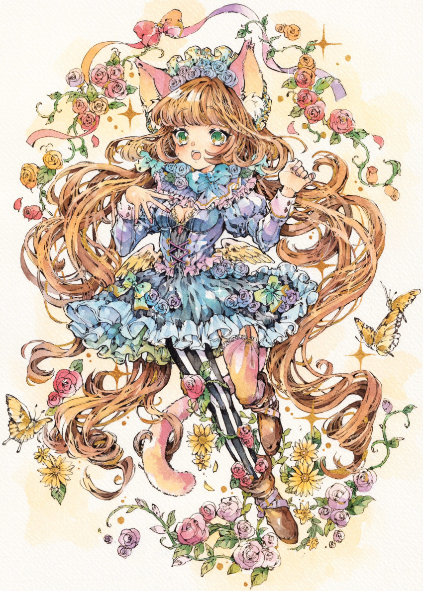 1girl animal_ears blue_bow bonnet boots bow breasts brown_hair brown_legwear bug butterfly cat_ears cat_tail dress dress_flower feathered_wings flower frills full_body garter_straps green_eyes hair_bow hair_flower hair_ornament highres insect juliet_sleeves leg_up long_hair long_sleeves looking_at_viewer low_twintails low_wings medium_breasts mismatched_legwear natuki1016 open_mouth original pink_legwear pink_nails puffy_sleeves red_bow rose short_dress single_leg_pantyhose single_thighhigh solo sparkle striped striped_legwear tail thigh-highs traditional_media twintails vertical-striped_legwear vertical_stripes very_long_hair watercolor_(medium) wavy_hair wings