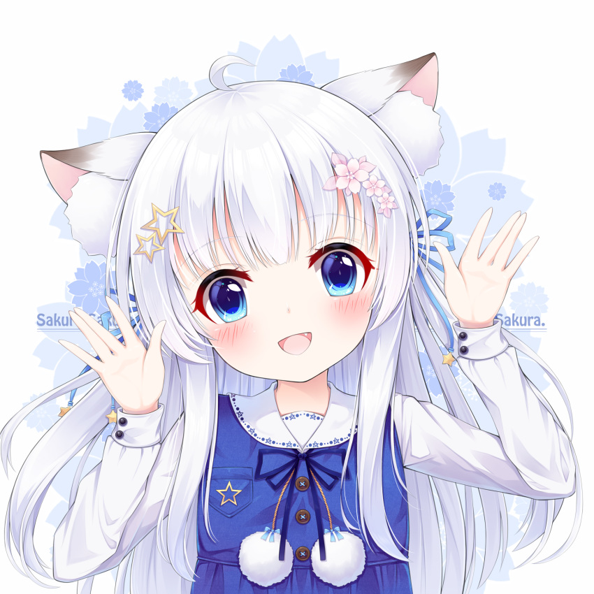 1girl :d ahoge animal_ear_fluff animal_ears blue_dress blue_eyes blue_ribbon blush cat_ears collared_dress commentary_request dress fang fengli_(709622571) floral_background flower hair_flower hair_ornament hair_ribbon hands_up head_tilt highres long_hair long_sleeves looking_at_viewer open_mouth original pink_flower pom_pom_(clothes) ribbon shirt sleeveless sleeveless_dress smile solo star star_hair_ornament upper_body white_background white_hair white_shirt