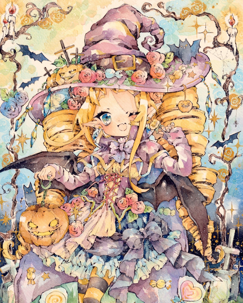 1girl ;d bat blonde_hair blue_eyes blue_skirt buckle candle candy capelet commentary corset cowboy_shot cross cross-laced_clothes crystal detached_sleeves dress_flower drill_hair earrings fang flower food frills hair_flower hair_ornament hairclip halloween hand_up hat hat_belt hat_flower highres holding holding_lollipop jack-o'-lantern jewelry lollipop long_hair long_sleeves natuki1016 one_eye_closed open_mouth original pantyhose pointy_ears pumpkin pumpkin_hat_ornament rose skin_fang skirt smile solo stitched_face stitches striped striped_legwear symbol_commentary traditional_media twin_drills very_long_hair watercolor_(medium) witch_hat wrapped_candy