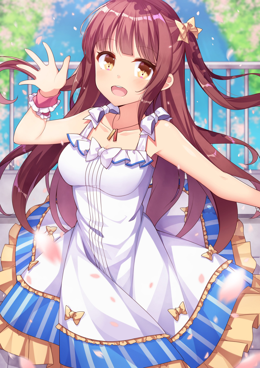 1girl :d amemiya_ruki bangs bare_shoulders blush bow breasts brown_bow brown_eyes brown_hair collarbone commentary_request day dress eyebrows_visible_through_hair frilled_dress frills hair_bow hand_up highres long_hair medium_breasts moe2020 one_side_up open_mouth original outdoors round_teeth sleeveless sleeveless_dress smile solo teeth upper_teeth very_long_hair white_dress wrist_cuffs