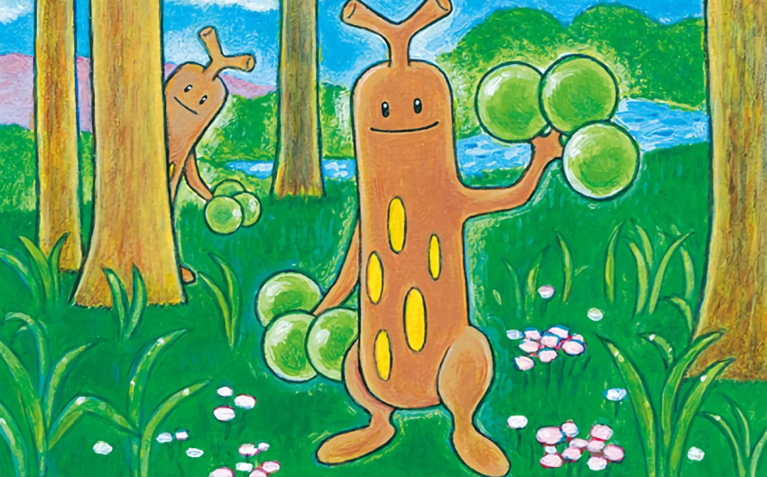 baba_yukiko black_eyes blue_sky closed_mouth clouds creature day flower forest gen_2_pokemon grass hiding nature no_humans official_art outdoors pokemon pokemon_(creature) pokemon_trading_card_game river sky smile standing sudowoodo third-party_source tree water