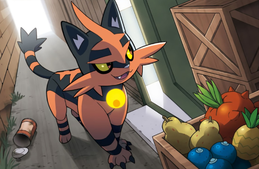 cat cat_focus claws creature food fruit full_body no_humans official_art oran_berry pinap_berry pokemon pokemon_(creature) pokemon_trading_card_game sakuma_sanosuke sitrus_berry solo tamato_berry third-party_source