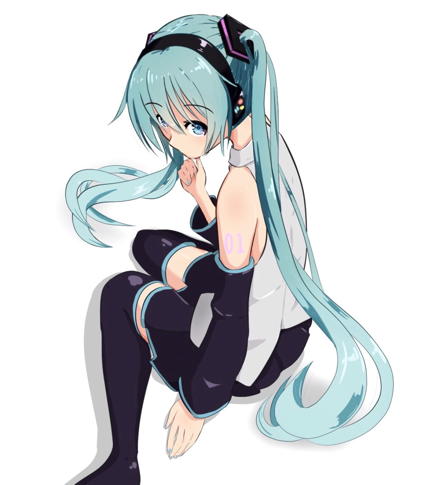 1girl aqua_eyes aqua_hair aqua_nails bare_shoulders black_legwear black_skirt black_sleeves detached_sleeves feet_out_of_frame from_above grey_shirt hair_ornament hand_on_own_chin hatsune_miku headphones highres long_hair looking_at_viewer misho39 nail_polish shadow shirt shoulder_tattoo simple_background sitting skirt sleeveless sleeveless_shirt solo tattoo thigh-highs twintails very_long_hair vocaloid white_background zettai_ryouiki