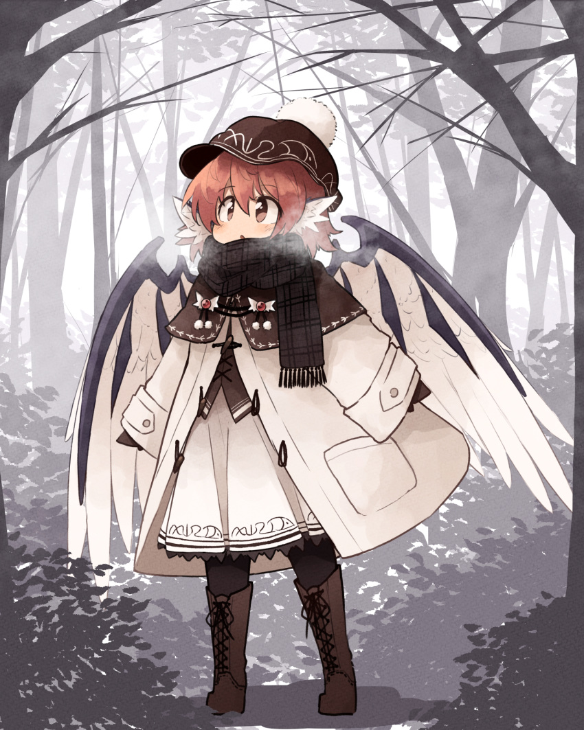 1girl alternate_costume animal_ears beanie bird_ears bird_wings black_scarf boots breath brown_capelet brown_eyes brown_footwear brown_headwear capelet commentary_request cross-laced_footwear forest full_body gloves hat highres kaginoni lace-up_boots long_sleeves mystia_lorelei nature outdoors redhead scarf solo touhou tree white_coat wings winter