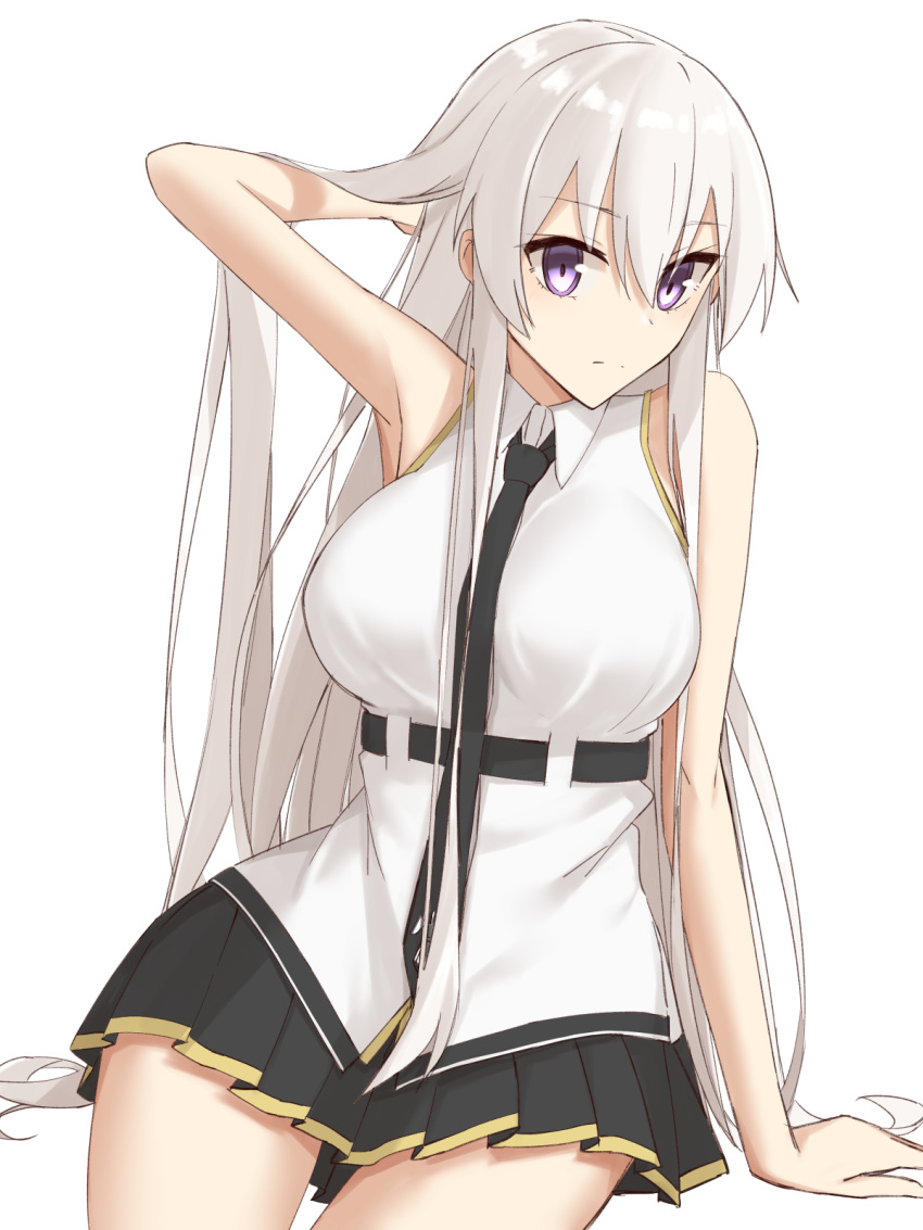 1girl azur_lane bangs bare_shoulders black_neckwear breasts commentary_request elfenlied22 enterprise_(azur_lane) eyebrows_visible_through_hair hat highres large_breasts long_hair looking_at_viewer necktie shirt silver_hair simple_background skirt sleeveless sleeveless_shirt solo very_long_hair violet_eyes white_background