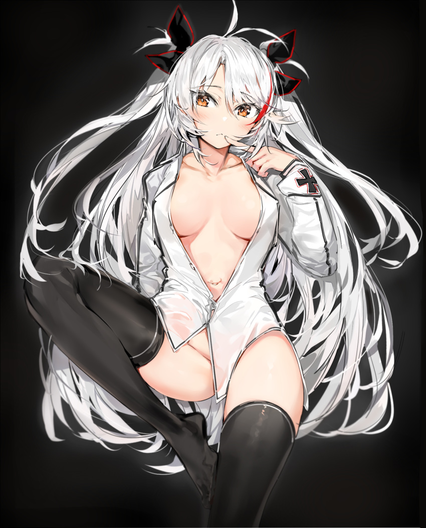 1girl antenna_hair azur_lane bangs black_background black_legwear blush breasts closed_mouth collared_shirt dress_shirt hair_ornament highres iron_cross large_breasts long_hair long_sleeves looking_at_viewer multicolored_hair navel partially_unbuttoned prinz_eugen_(azur_lane) shirt silver_(chenwen) silver_hair simple_background solo streaked_hair swept_bangs thigh-highs thighs two_side_up white_shirt