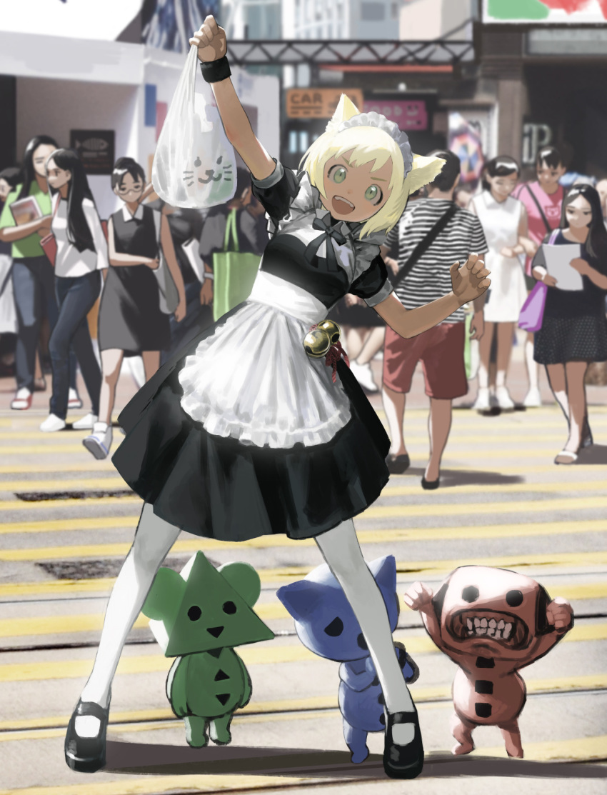 1boy 3others 6+girls animal_ears bag blonde_hair check_character commentary_request crowd day full_body green_eyes highres holding holding_bag looking_at_viewer maid maid_headdress medium_skirt multiple_girls multiple_others open_mouth original pantyhose pavement plastic_bag pose sara_manta shoes short_hair short_sleeves skirt smile solo_focus standing teeth white_legwear wristband