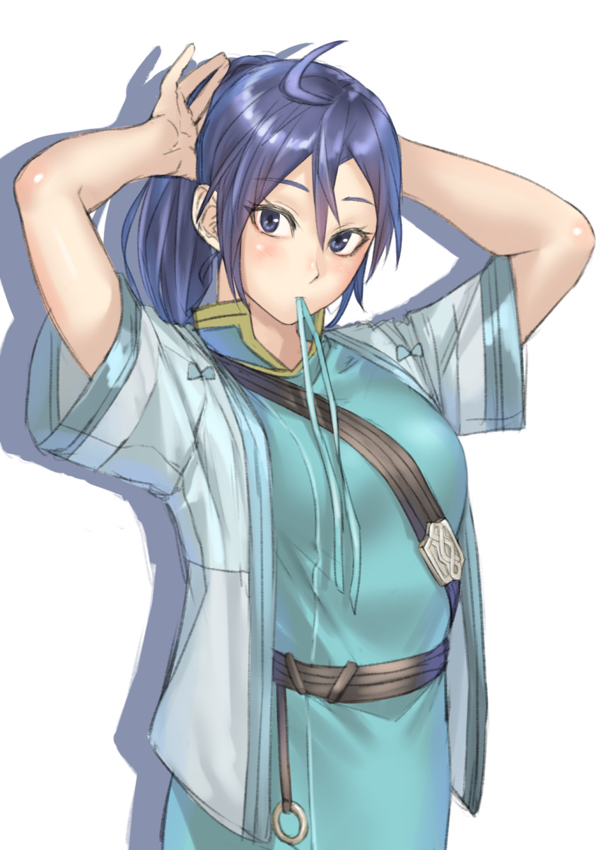 adjusting_hair ahoge arms_behind_head arms_up blue_eyes blue_hair breasts closed_mouth eyebrows_visible_through_hair fir_(fire_emblem) fire_emblem highres kilye_4421 large_breasts long_hair looking_at_viewer mouth_hold ponytail short_sleeves simple_background white_background