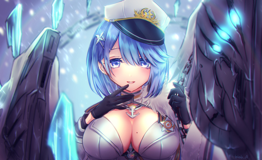 1girl azur_lane black_gloves blue_eyes blue_hair blush breasts chapayev_(azur_lane) eyebrows_visible_through_hair gloves hair_ornament hairclip hat jacket large_breasts looking_at_viewer military_hat mole mole_on_breast peaked_cap redplus short_hair smile solo white_headwear white_jacket