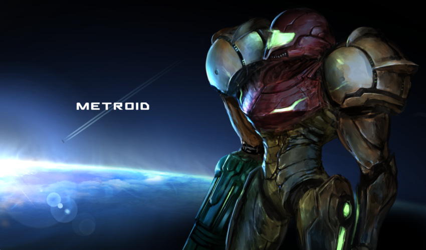 arm_cannon copyright_name covered_face dennou_manjuu english_commentary lens_flare metroid planet power_suit samus_aran science_fiction solo space space_craft standing varia_suit weapon