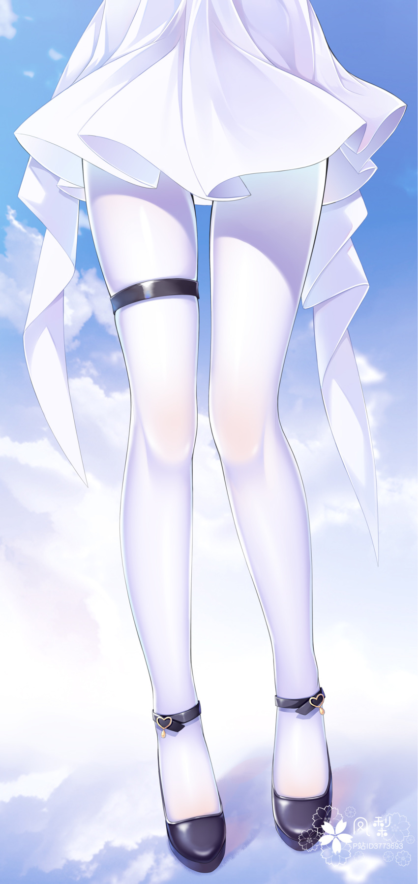 1girl absurdres black_footwear blue_sky clouds cloudy_sky commentary_request day dress fengli_(709622571) heart highres legs lower_body original outdoors pantyhose pixiv_id pleated_dress shoes skindentation sky solo thigh_strap thighs white_dress white_legwear