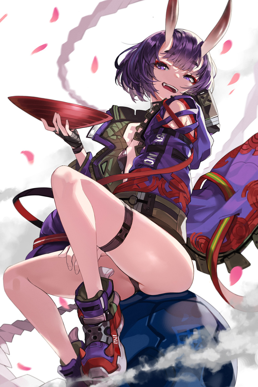 1girl bangs bare_shoulders blush bob_cut breasts cup eyeliner fate/grand_order fate_(series) goomrrat highres looking_at_viewer makeup oni oni_horns open_mouth purple_hair sakazuki short_eyebrows short_hair shuten_douji_(fate/grand_order) skin-covered_horns smile solo violet_eyes