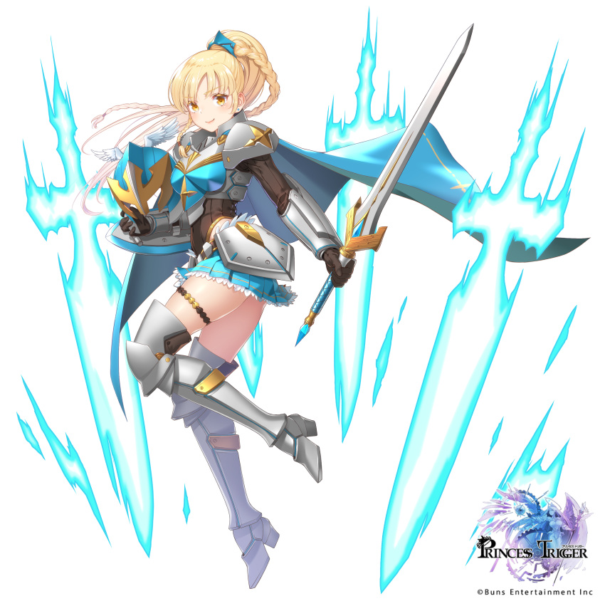 1girl absurdres armor blonde_hair blue_cape blue_fire blue_skirts boots braid breasts cape company_name copyright_name earrings fire full_body headwear_removed helmet helmet_removed highres holding holding_sword holding_weapon jewelry long_hair looking_at_viewer official_art princess_trigger saruchitan simple_background smile solo stud_earrings sword thigh_strap watermark weapon white_background winged_helmet