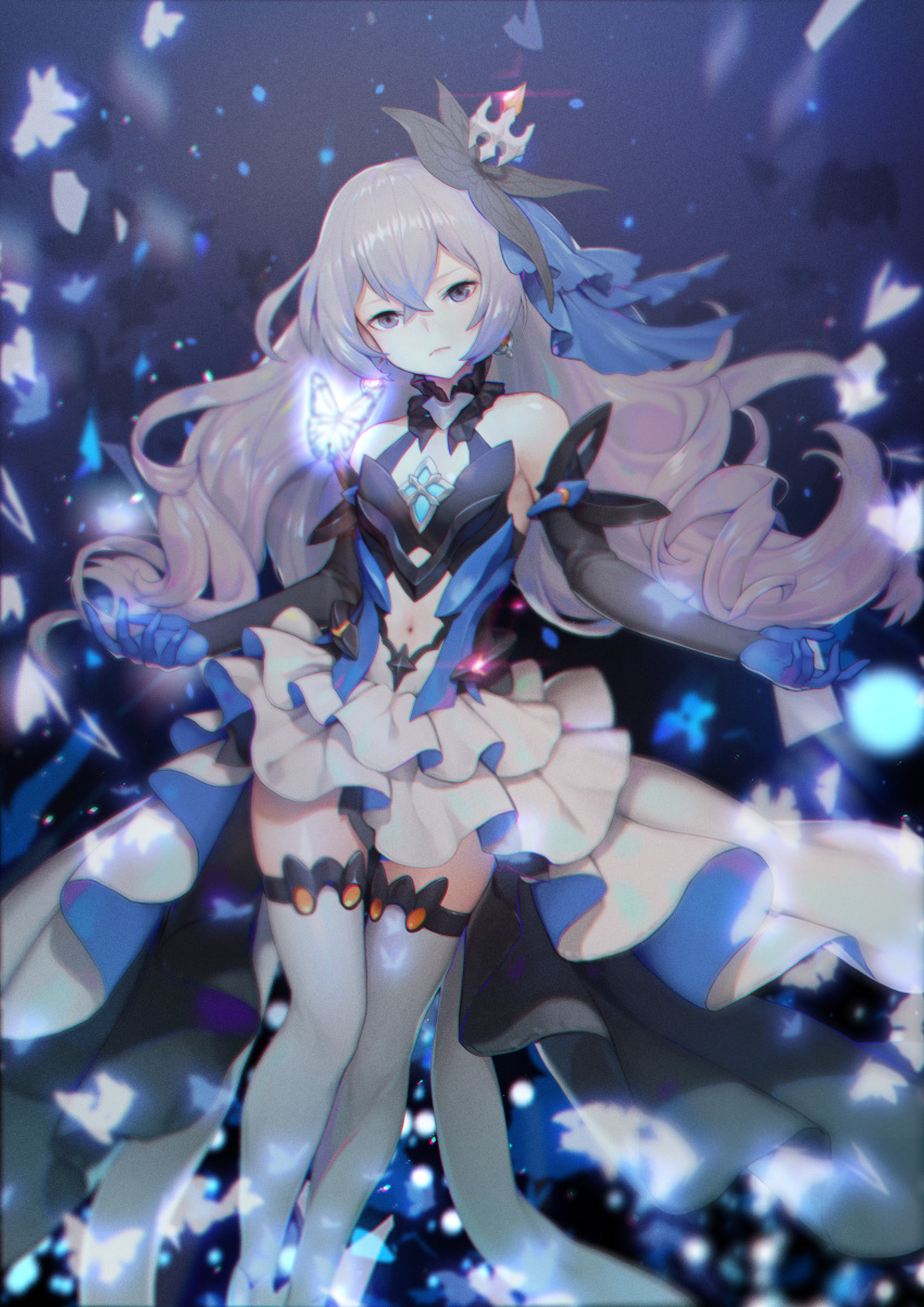 1girl absurdres bangs black_sleeves blue_gloves bronya_zaychik bug butterfly closed_mouth detached_sleeves floating_hair frown gloves grey_eyes hair_between_eyes hair_ornament highres honkai_(series) honkai_impact_3rd insect layered_skirt long_hair long_sleeves looking_at_viewer midriff miniskirt navel shiny shiny_hair silver_hair skirt solo stomach thigh-highs very_long_hair white_legwear white_skirt y.i._(lave2217) zettai_ryouiki