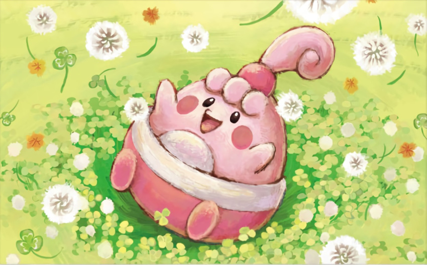 :d black_eyes creature dandelion egg flower gen_4_pokemon happiny happy looking_up no_humans official_art open_mouth pokemon pokemon_(creature) pokemon_trading_card_game sitting sitting_on_ground smile solo third-party_source wind yamaki_eri