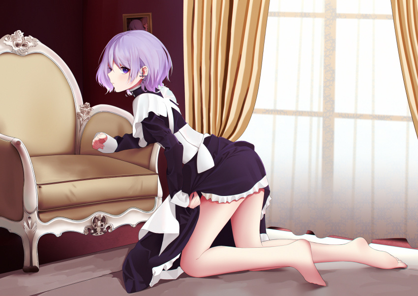 1girl absurdres bangs bare_legs barefoot black_dress blue_eyes chair commentary_request copyright_request cross curtains dress earrings frills from_side highres indoors jewelry lavender_hair looking_at_viewer maid_dress tian115