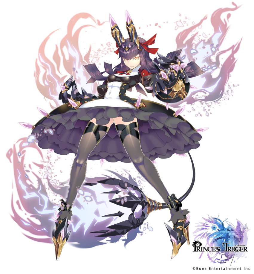 1girl absurdres bad_proportions black_dress breasts company_name copyright_name covered_navel dress full_body gauntlets grey_legwear hair_ribbon highres horns long_hair looking_at_viewer official_art princess_trigger purple_hair red_ribbon ribbon simple_background small_breasts solo spikes t.a.k. tail thigh-highs two-tone_dress watermark white_background white_dress yellow_eyes