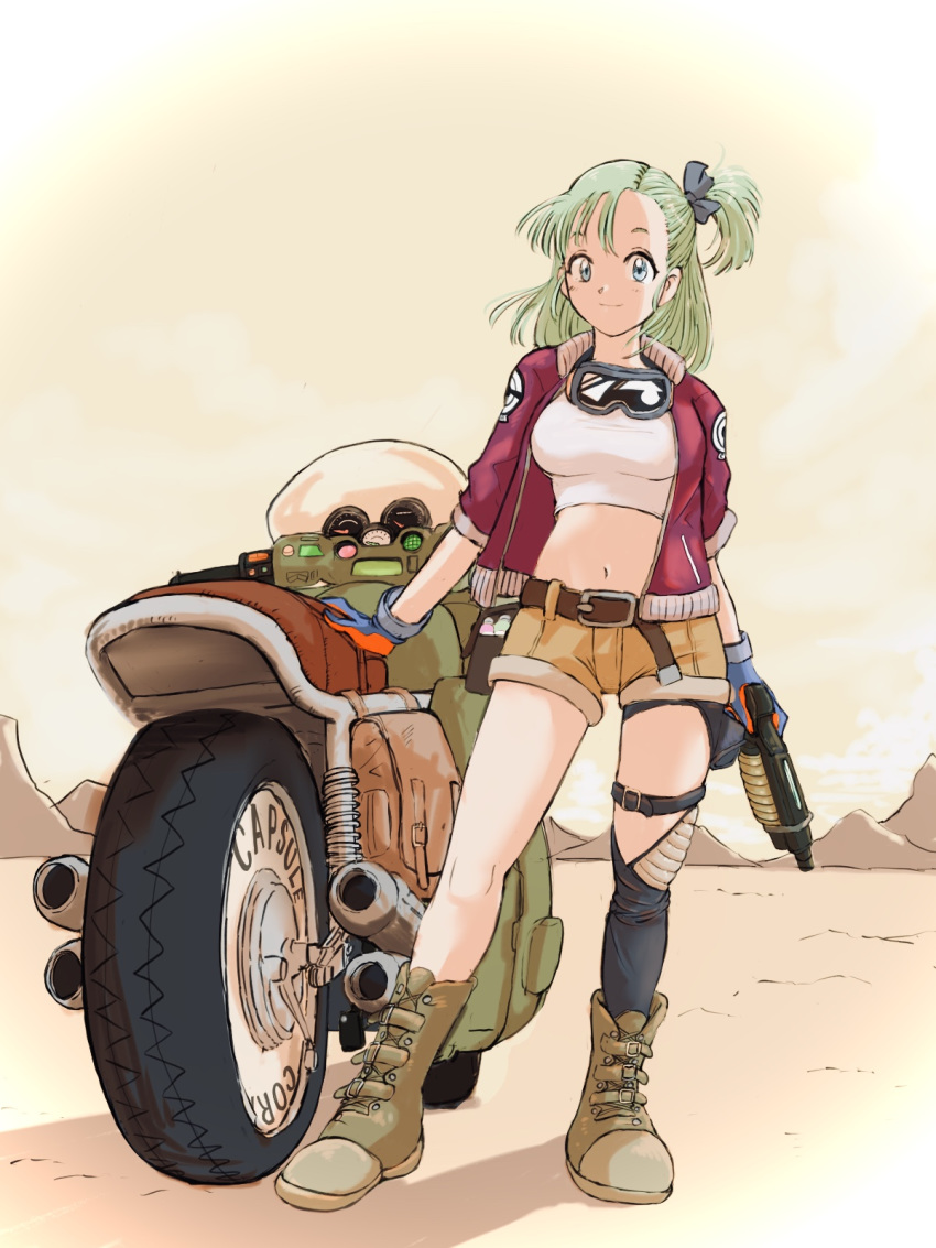 1girl arm_at_side backlighting belt black_legwear blue_eyes blue_gloves blue_ribbon boots breasts brown_shorts bulma closed_mouth crop_top day desert dragon_ball dragon_ball_(classic) fanny_pack floating_hair full_body gloves goggles goggles_around_neck gradient gradient_sky green_footwear green_hair ground_vehicle gun hair_ribbon hand_rest highres holding holding_gun holding_weapon jacket kajino_(aosansai) knee_boots large_breasts legs_apart looking_at_viewer medium_hair midriff motor_vehicle motorcycle mountain mountainous_horizon navel one_side_up open_clothes open_jacket outdoors pink_jacket ribbon sand shadow shorts single_thighhigh sky smile solo standing straight_hair thigh-highs thigh_strap under_boob weapon weapon_request white_sky