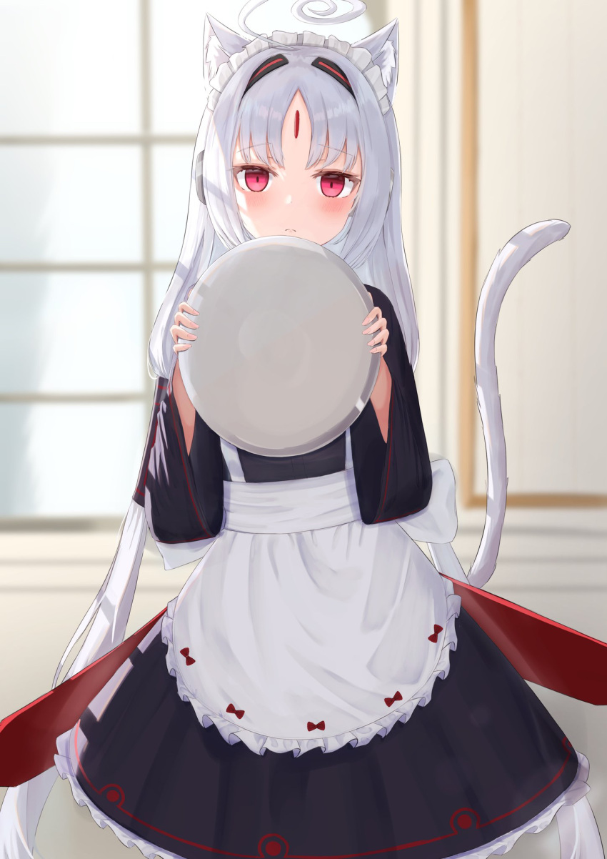 1girl ahoge alternate_costume animal_ear_fluff animal_ears apron bangs black_dress blurry blurry_background blush cat_ears cat_girl cat_tail closed_mouth commentary_request depth_of_field dress enmaided eyebrows_visible_through_hair facial_mark forehead_mark frilled_apron frills grey_hair hands_up highres holding holding_tray indoors long_sleeves looking_at_viewer maid maid_headdress parted_bangs red_eyes solo tail tail_raised tanshio tray under_night_in-birth vatista white_apron wide_sleeves window