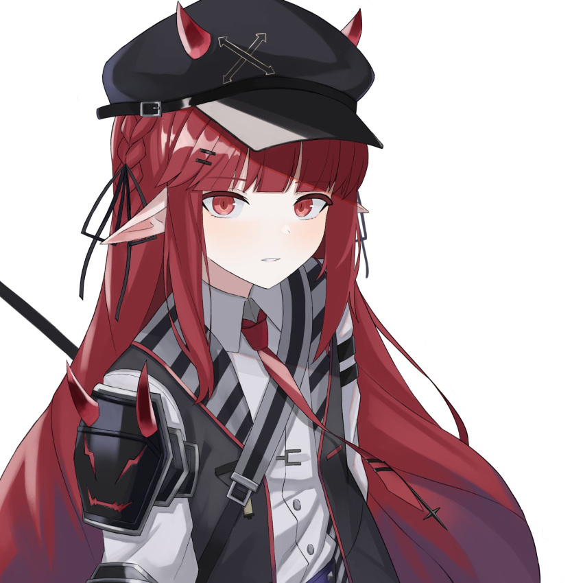 1girl a_iri_a arknights black_headwear braid cabbie_hat collared_shirt hair_ornament hairclip hat highres horns long_hair looking_at_viewer necktie parted_lips pointy_ears red_eyes redhead shirt shoulder_armor simple_background solo spaulders strap upper_body vest vigna_(arknights) white_background white_shirt wing_collar