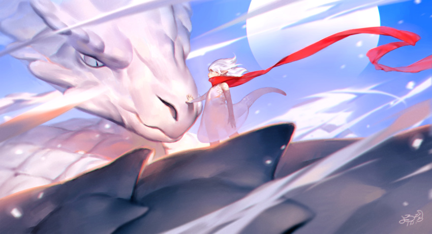 1girl absurdres bare_shoulders blue_eyes blue_sky closed_mouth dragon dragon_girl dragon_tail dress highres long_hair long_scarf moon original outdoors pointy_ears red_scarf scales scarf see-through see-through_silhouette signature silhouette sky slit_pupils tail white_hair yotsuyu