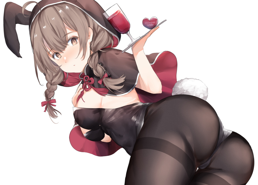 1girl adapted_costume alcohol animal_ears black_capelet black_legwear black_leotard braid breasts brown_eyes brown_hair bunny_tail bunnysuit capelet cowboy_shot cup drinking_glass highres hood hooded_capelet kagura_miyabi kantai_collection large_breasts leotard long_hair pantyhose rabbit_ears shinshuu_maru_(kantai_collection) simple_background solo strapless strapless_leotard tail thighband_pantyhose tray twin_braids white_background wine wine_glass