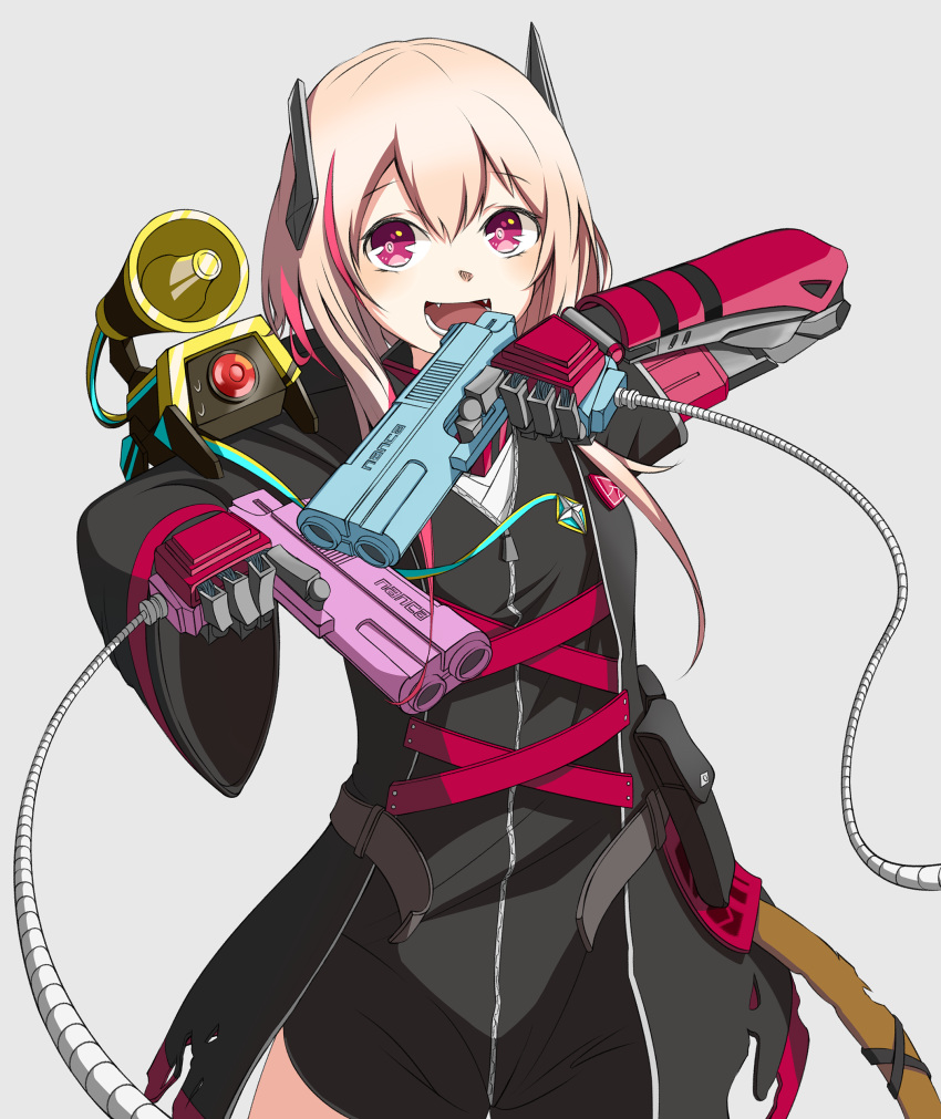 1girl absurdres artist_request bangs black_coat black_jumpsuit coat dinergate_(girls_frontline) girls_frontline grey_background headgear highres hood hood_down hooded_coat jumpsuit light_gun long_hair m4_sopmod_ii_(girls_frontline) mechanical_arm mod3_(girls_frontline) multicolored_hair open_clothes open_coat open_mouth pink_hair prosthesis prosthetic_arm red_eyes redhead ro635_(dinergate) simple_background smile solo streaked_hair two-tone_hair zipper