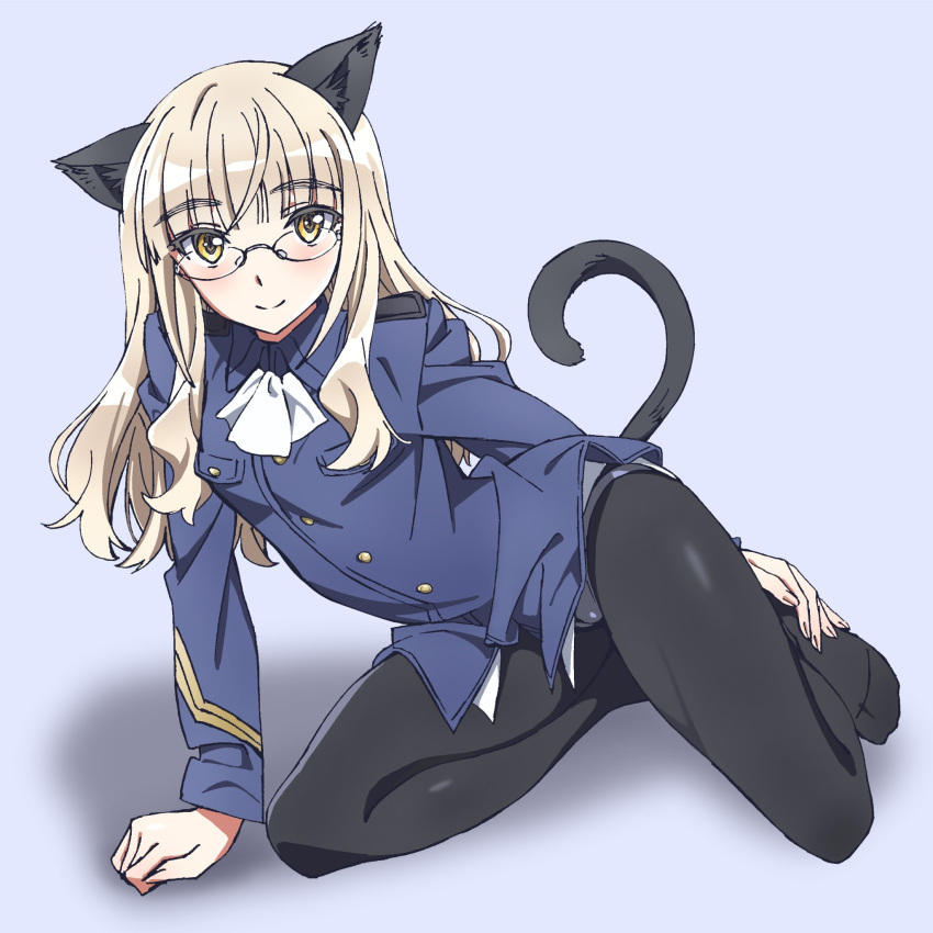 animal_ears ascot bangs blonde_hair blunt_bangs cat_ears cat_tail crotch_seam eyebrows_visible_through_hair glasses highres kogarashi51 looking_at_viewer panties panties_under_pantyhose pantyhose perrine_h_clostermann solo strike_witches tail thick_eyebrows underwear uniform world_witches_series yellow_eyes