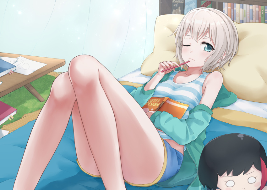 1girl ;| aoba_moca bang_dream! bangs bare_shoulders barefoot bed bedroom black_hair blue_eyes blue_shorts blue_tank_top blush bob_cut book book_hug bookshelf breasts carpet character_doll closed_mouth coldcat. collarbone commentary_request curtains eyebrows_visible_through_hair green_jacket grey_hair hair_between_eyes highres holding holding_book holding_pen hood hood_down hooded_jacket indoors jacket knees_up looking_at_viewer lying midriff_peek mitake_ran mixed-language_commentary multicolored_hair nesoberi off-shoulder_jacket on_back on_bed one_eye_closed paper pen pen_to_chin pillow redhead short_hair short_shorts shorts small_breasts solo streaked_hair striped_tank_top table tank_top typo white_tank_top wooden_floor