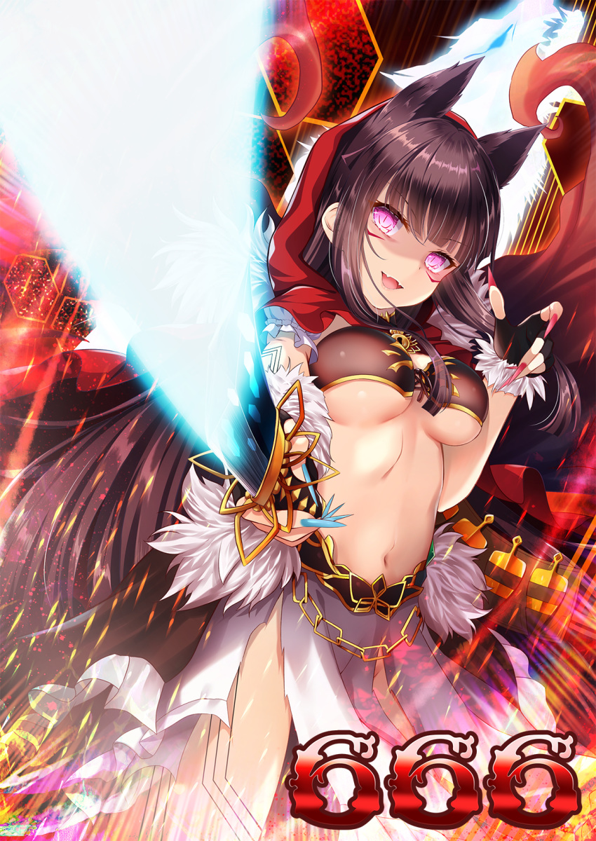 1girl 666 akine_(kuroyuri) animal_ears arm_tattoo bangs bare_legs bemani black_bikini_top black_gloves blunt_bangs breasts broken broken_sword broken_weapon brown_hair cape chain commentary_request cowboy_shot energy_sword extra_ears eyebrows_visible_through_hair fangs fingerless_gloves fingernails fire front-tie_top fur-trimmed_cape fur-trimmed_gloves fur-trimmed_skirt fur_trim gloves groin hexagon highres holding holding_sword holding_weapon hood hood_up hooded_cape katana keyhole kureha_(sound_voltex) large_breasts leg_tattoo little_red_riding_hood long_fingernails long_hair looking_at_viewer midriff navel open_mouth pink_nails red_background red_cape sidelocks skin_fangs skirt slit_pupils smile solo sound_voltex standing sword tattoo torn_clothes torn_skirt under_boob violet_eyes weapon white_skirt wolf wolf_ears
