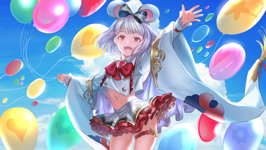 1girl :d animal_ears balloon bangs blue_sky blunt_bangs blush boba bow brooch clouds day eyebrows_visible_through_hair frilled_skirt frills granblue_fantasy hair_bow heart highres holding holding_balloon jewelry looking_at_viewer midriff navel open_mouth rat_ears red_eyes short_hair skirt sky smile solo teeth upper_teeth vikala_(granblue_fantasy) white_hair wide_sleeves