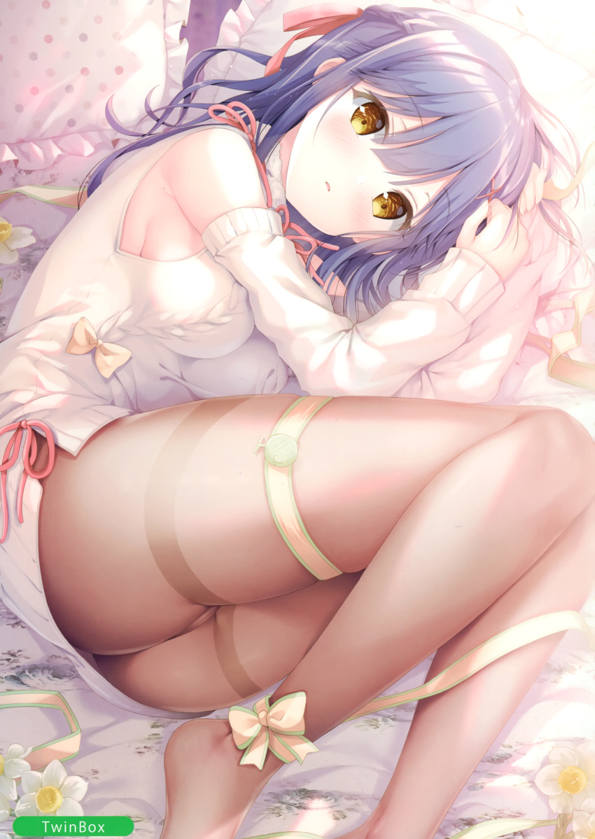 1girl absurdres aran_sweater armpits ass bare_shoulders blue_hair bow brown_eyes brown_legwear detached_sleeves dress flower grey_sweater highres long_hair long_sleeves looking_at_viewer lying melonbooks mole mole_on_armpits nanami_yuuno no_shoes on_side pantyhose parted_lips pillow polka_dot scan solo sousouman sweater sweater_dress thigh_strap thighband_pantyhose white_bow white_flower