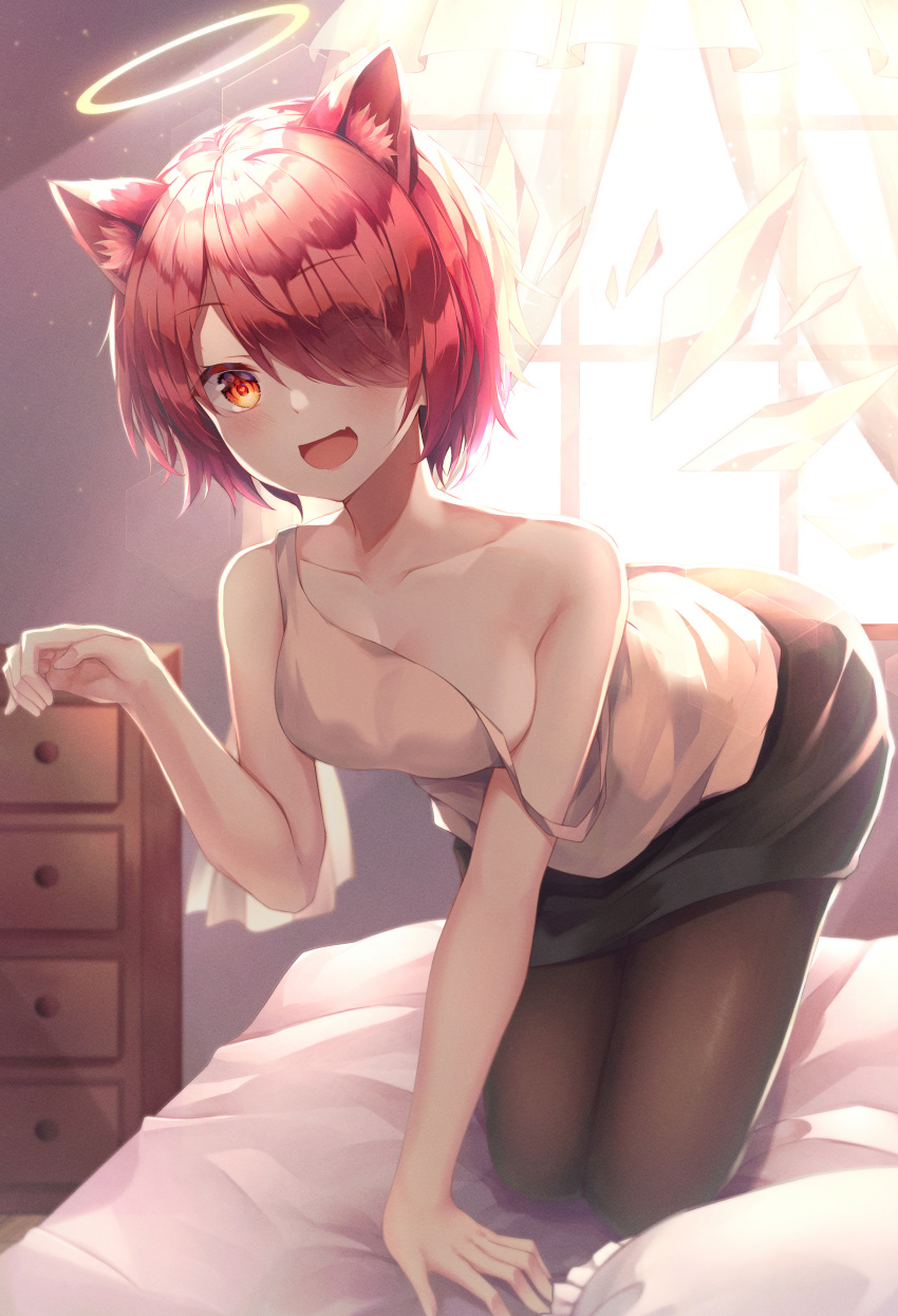 1girl absurdres animal_ear_fluff animal_ears arknights bangs bare_shoulders black_legwear black_skirt blush cat_ears collarbone commentary curtains exusiai_(arknights) eyebrows_visible_through_hair fang gyungsin hair_over_one_eye halo highres huge_filesize indoors kneeling looking_at_viewer off-shoulder_shirt off_shoulder on_bed pantyhose pencil_skirt red_eyes redhead shirt short_hair skin_fang skirt smile solo white_shirt window