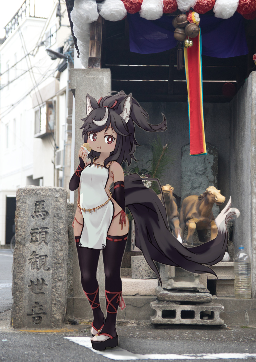 1girl absurdres animal_ears black_hair black_legwear character_request closed_mouth copyright_request eating eyebrows_visible_through_hair highlights highres horse_ears horse_tail kolshica looking_at_viewer medium_hair multicolored_hair photo_background red_eyes sandals solo standing tail thigh-highs white_hair
