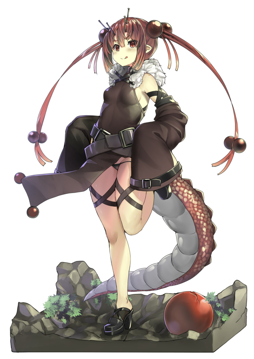 1girl bare_shoulders black_footwear blush crack cracked detached_sleeves dragon_girl dragon_tail eyebrows_visible_through_hair fur_trim highres itou_ryuusei long_hair long_sleeves original pointy_ears red_eyes redhead rock simple_background sleeves_past_wrists slit_pupils solo standing standing_on_one_leg tail thigh_strap tongue tongue_out twintails white_background