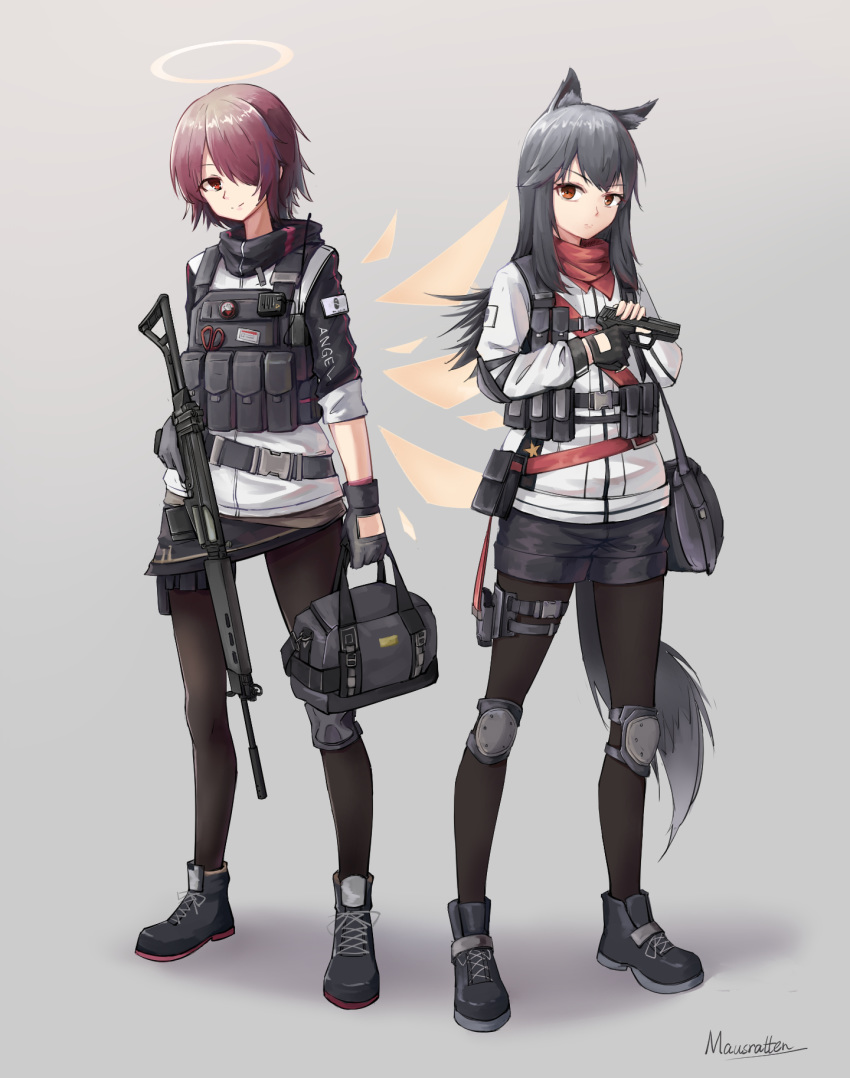 2girls animal_ears arknights artist_request bag battle_rifle black_hair black_legwear boots chinese_commentary commentary_request energy_wings exusiai_(arknights) fingerless_gloves fn_fal gloves gun h&amp;k_usp halo handgun highres knee_pads multiple_girls pantyhose red_eyes redhead rifle shorts skirt tail texas_(arknights) weapon wolf_ears wolf_tail