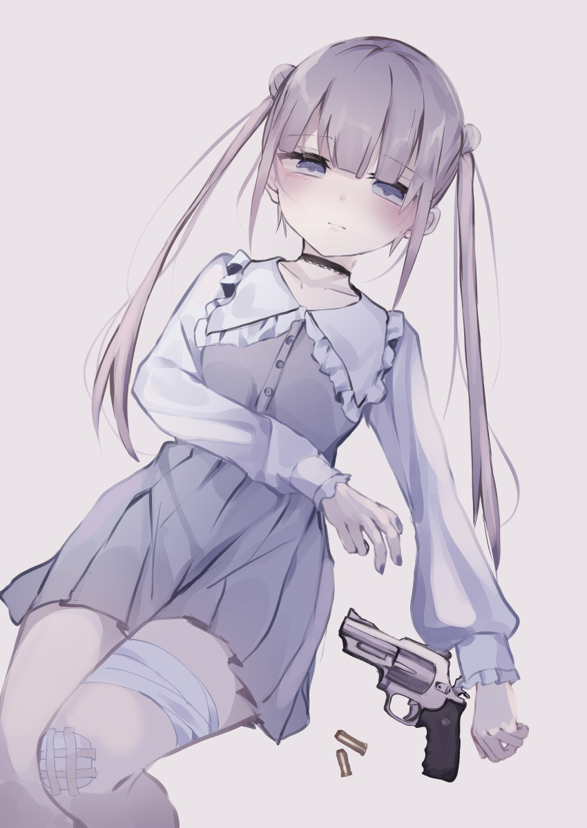 1girl absurdres bandaged_leg bandages bangs black_choker blue_eyes blush choker closed_mouth collarbone collared_shirt double_bun dress dutch_angle eyebrows_visible_through_hair frilled_shirt_collar frills grey_background grey_dress grey_hair gun half-closed_eyes handgun highres long_hair long_sleeves looking_at_viewer original pleated_dress revolver shirt simple_background sleeveless sleeveless_dress sleeves_past_wrists solo tsuruse twintails very_long_hair weapon white_shirt