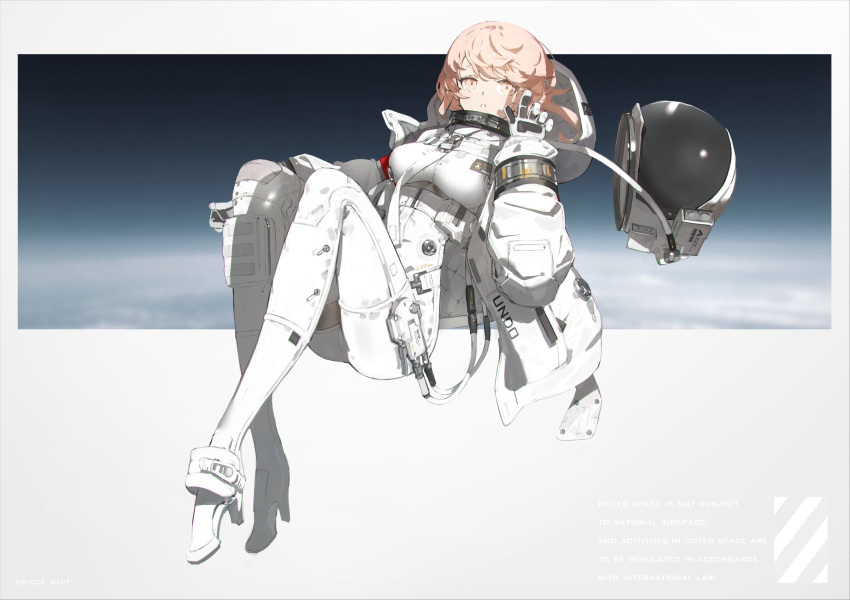 1girl bodysuit breasts clouds english_text falslander floating floating_hair gloves harness headwear_removed helmet helmet_removed high_heels highres hood iris_(neco) jacket medium_breasts neco open_clothes open_jacket original pink_eyes pink_hair solo spacesuit