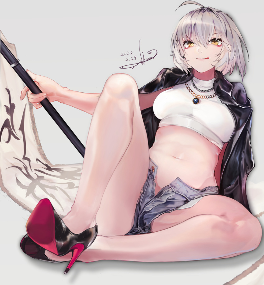 1girl ahoge black_jacket breasts brown_eyes crop_top dated denim denim_shorts earrings fate/grand_order fate_(series) flag high_heels highres holding holding_flag jacket jeanne_d'arc_(alter)_(fate) jeanne_d'arc_(fate)_(all) jewelry looking_at_viewer medium_breasts navel necklace open_clothes open_jacket shirasu_(19san) short_hair shorts signature silver_hair simple_background sitting smile solo white_background