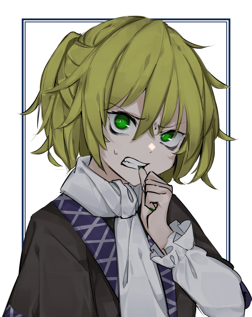 1girl absurdres angry biting blonde_hair bright_pupils clenched_teeth eyebrows_visible_through_hair eyes face frown green_eyes green_nails hair_between_eyes highres hisha_(kan_moko) looking_at_viewer mizuhashi_parsee nail_biting ponytail scarf scowl short_hair simple_background solo sweatdrop teeth touhou upper_body v-shaped_eyebrows white_neckwear white_pupils white_sleeves