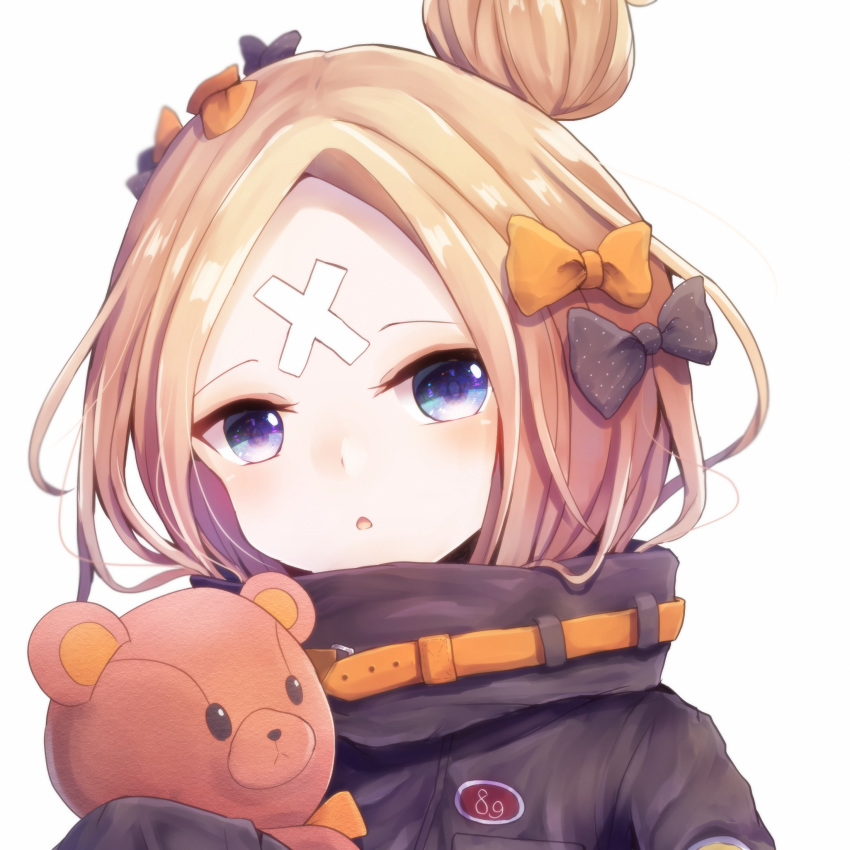 1girl abigail_williams_(fate/grand_order) bandaid bandaid_on_face bangs black_bow blonde_hair blue_eyes blush bow commentary_request face fate/grand_order fate_(series) hair_bow hair_bun highres looking_at_viewer medium_hair number orange_bow parted_bangs pero_1005 polka_dot polka_dot_bow solo stuffed_animal stuffed_toy teddy_bear