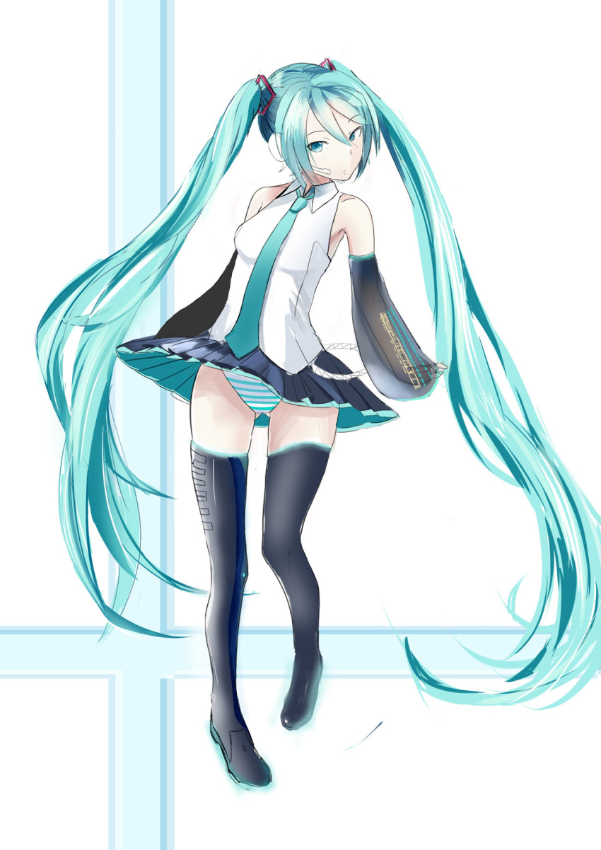 1girl aqua_eyes aqua_hair aqua_neckwear ass_visible_through_thighs boots breasts detached_sleeves dh-zone graphite_(medium) hair_between_eyes hatsune_miku headset highres looking_at_viewer necktie panties small_breasts solo striped striped_panties thigh-highs thigh_boots thighs traditional_media twintails underwear vocaloid wind wind_lift