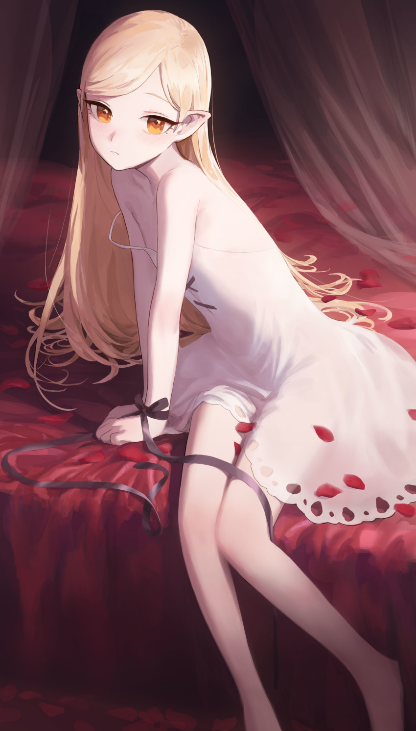 1girl absurdres bare_legs bare_shoulders bed black_ribbon blonde_hair bound bound_wrists canopy_bed commentary commission dress english_commentary frown highres long_hair looking_at_viewer monogatari_(series) on_bed orange_eyes oshino_shinobu petals pointy_ears pumpkinspicelatte ribbon rose_petals sitting solo strap_slip white_dress